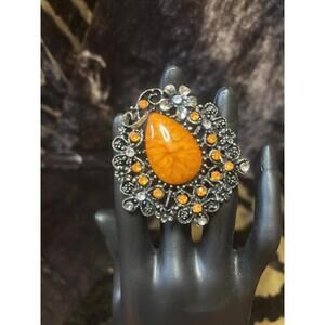 Statement Faux Spiny Oyster Tear Drop Ring Adjustable Silver Tone Filigree